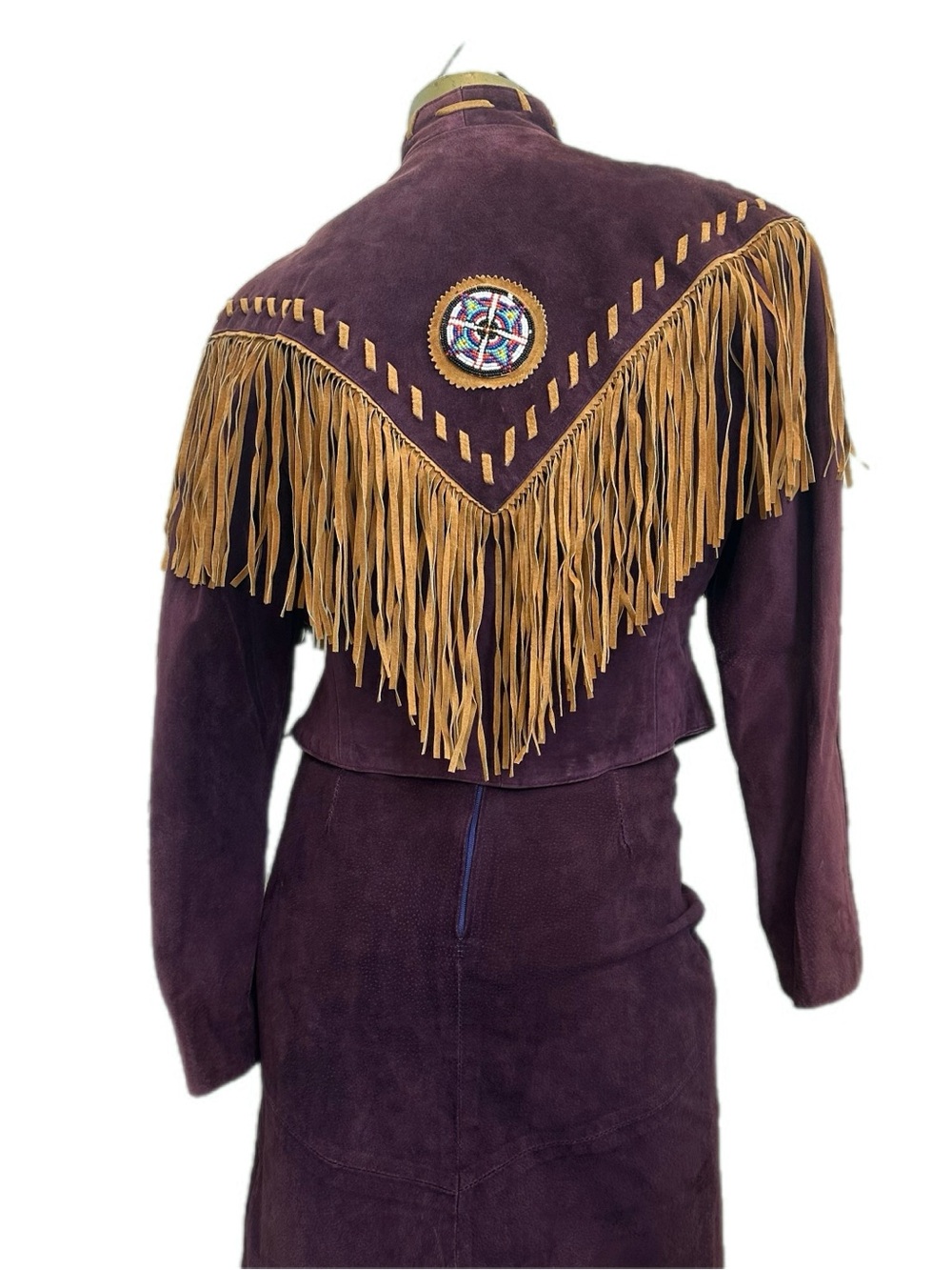 Vintage Frontier Collection Suede Leather Fringe Beaded Jacket/Skirt Set L-5/6 - Picture 7 of 16
